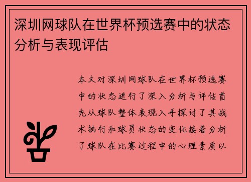 深圳网球队在世界杯预选赛中的状态分析与表现评估