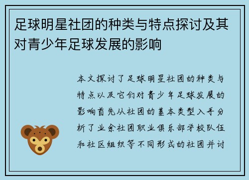 足球明星社团的种类与特点探讨及其对青少年足球发展的影响