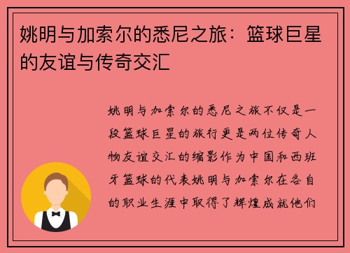 姚明与加索尔的悉尼之旅：篮球巨星的友谊与传奇交汇